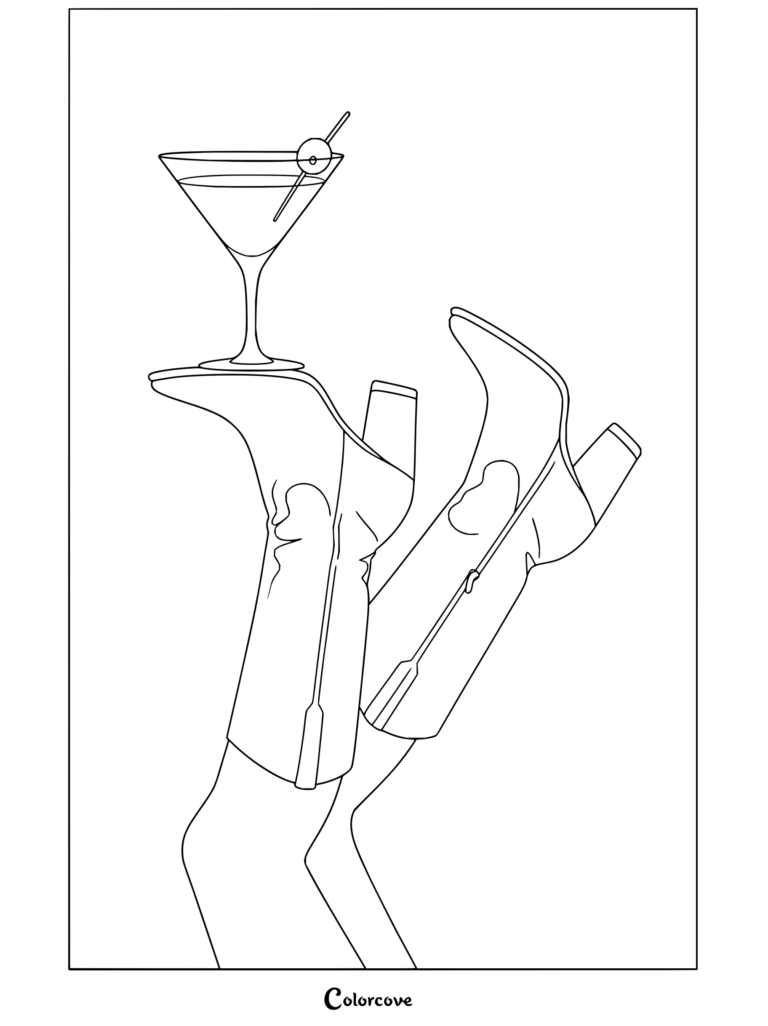 Dibujo para colorear de estética preppy de unas botas camperas azules haciendo equilibrio con una copa de martini con una aceituna.