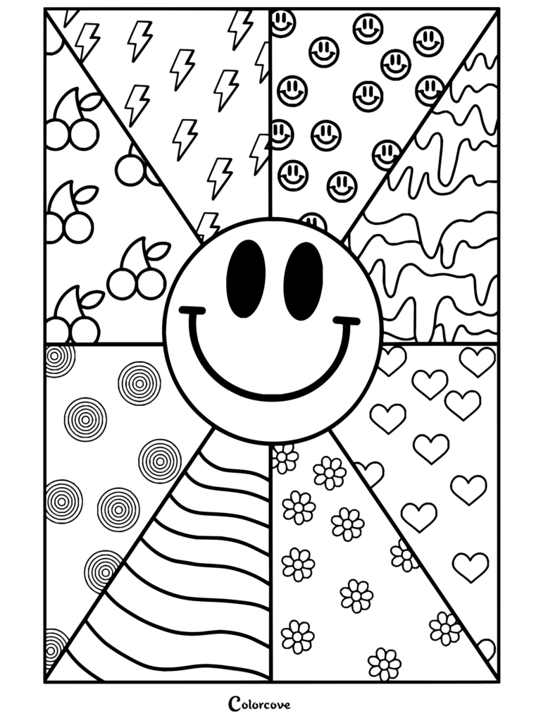 Dibujo para colorear de estética preppy con un collage de carita sonriente, rayos, cerezas y flores.