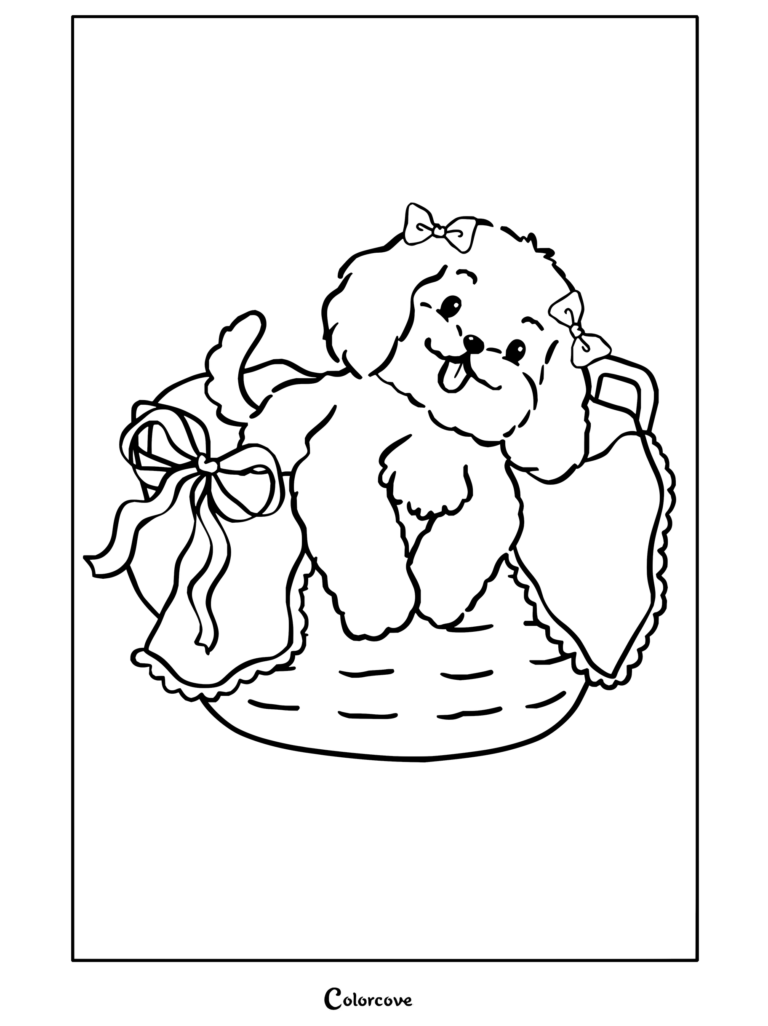 Dibujo para colorear de Estética Preppy con un lindo Cavapoo marrón con lazos rosas sentado en un cesto de ropa sucia, en un encantador estilo doodle coquette.