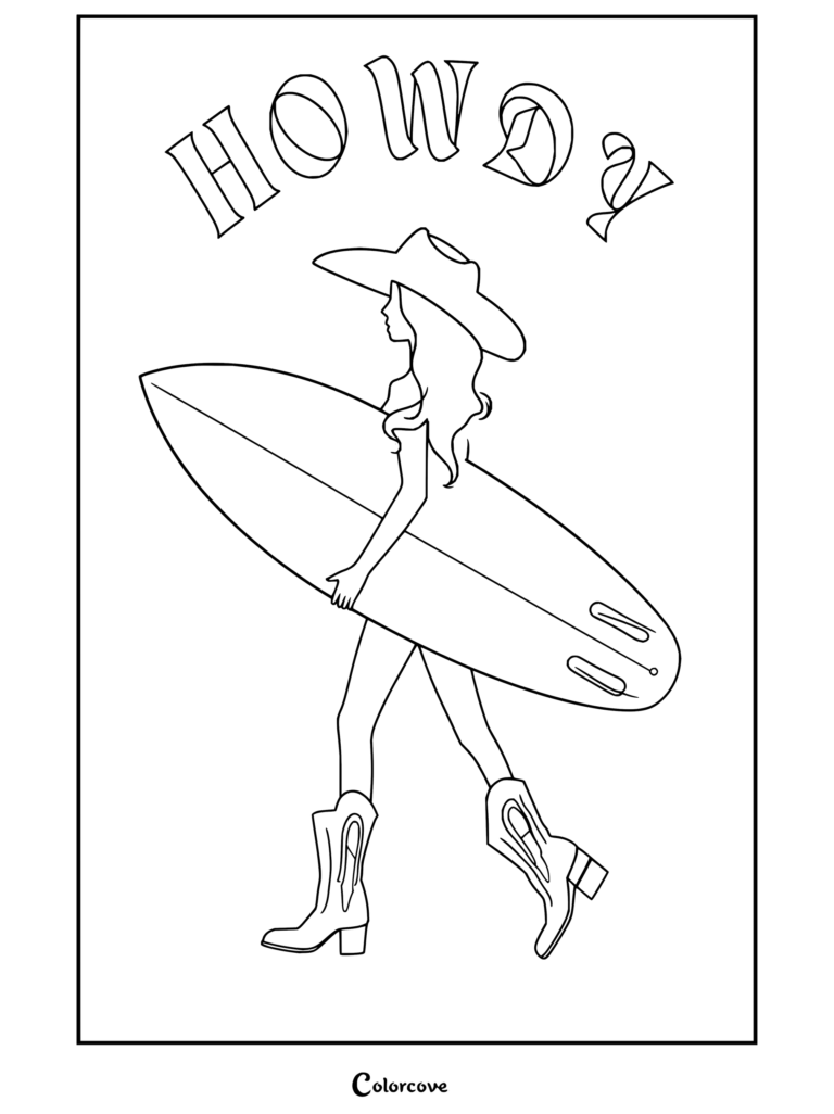 Dibujo para colorear de estética preppy de una chica surfista cowgirl caminando con tabla de surf, sombrero, botas y el texto howdy.