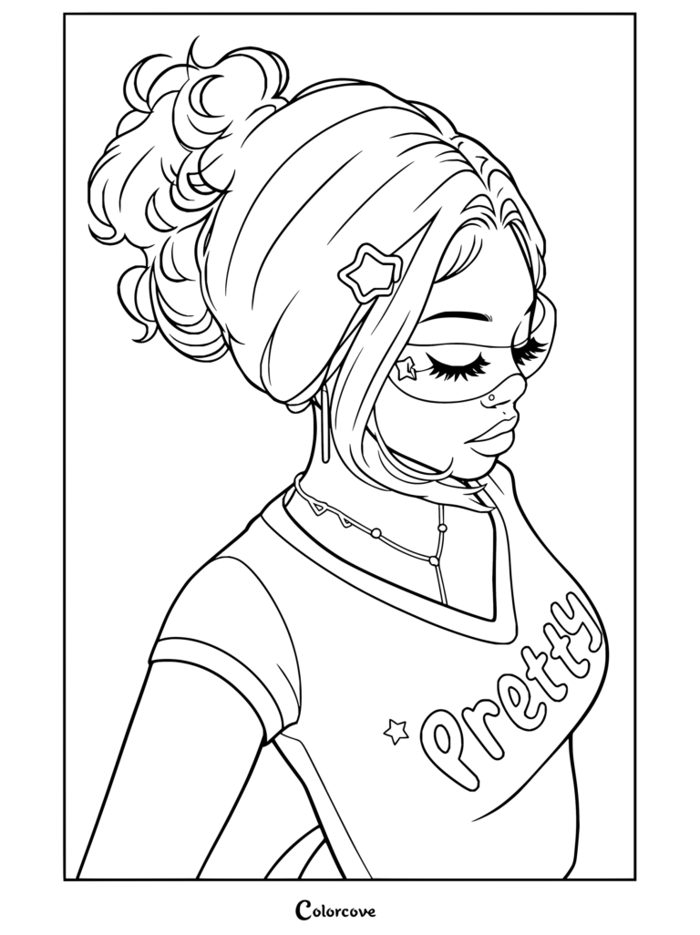 Dibujo para colorear de estética preppy de una joven estilosa con cabello rubio recogido en un moño, gafas de sol con cristales rosas y una bonita camiseta.