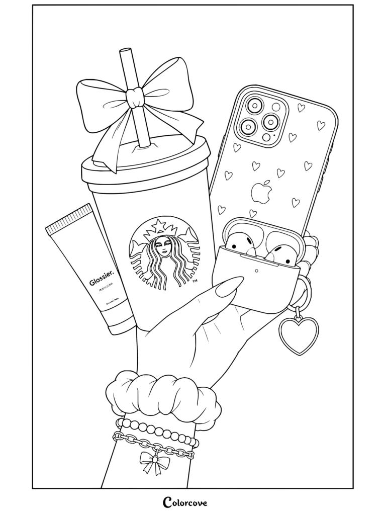 Dibujo para colorear de estética preppy de una mano sosteniendo un vaso de Starbucks con un lazo, bálsamo labial Glossier, un iPhone con corazones y AirPods.