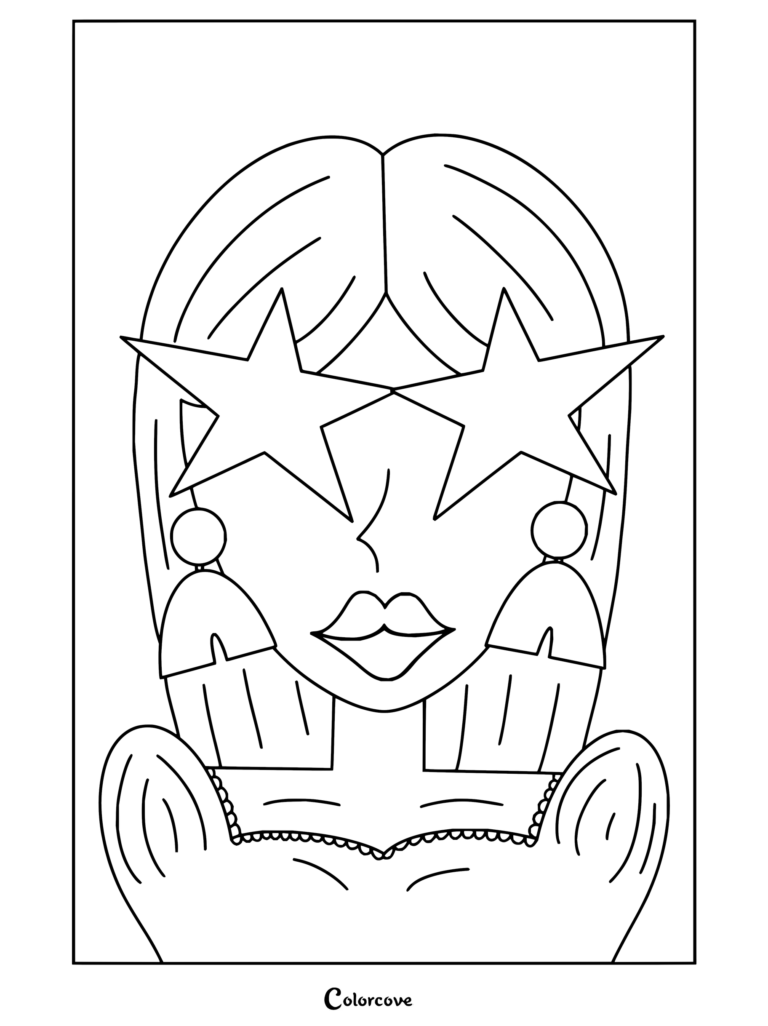 Dibujo para colorear de estética preppy de una mujer rubia con gafas de sol de estrellas, pendientes y un conjunto detallado.