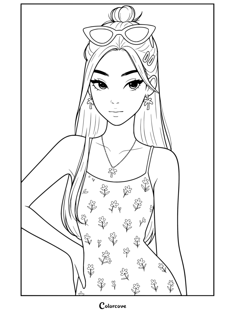Dibujo para colorear de estética preppy de una chica morena con un moño negro, gafas de sol cat-eye rosas, pendientes dorados de palmera y collar dorado de trébol.