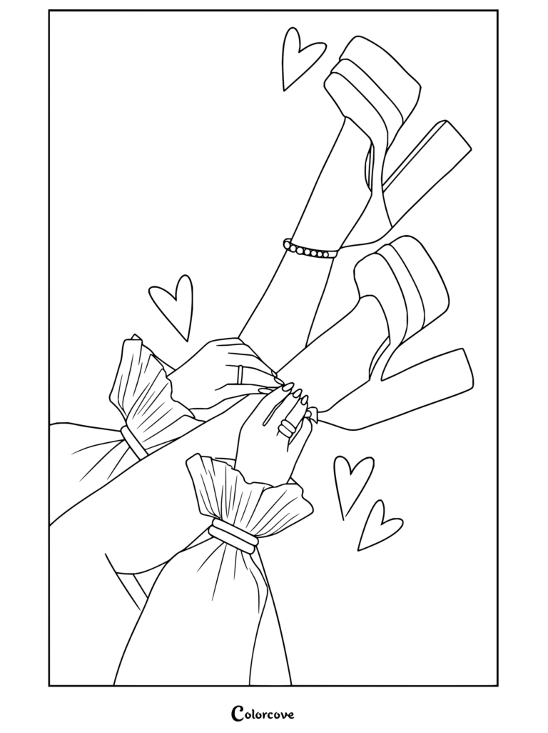 Dibujo para colorear de estética preppy con una ilustración de piernas con tacones de plataforma y mangas con volantes rodeadas de corazones.