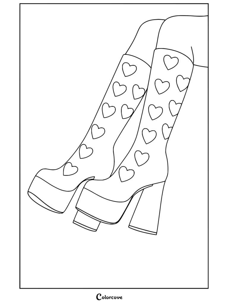 Dibujo para colorear de Estética Preppy con botas blancas de plataforma y estampado de corazones.