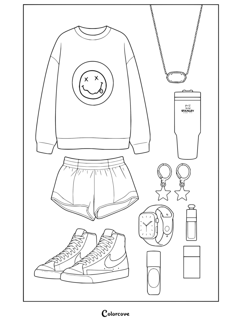 Dibujo para colorear gratis de estética preppy con una sudadera de Nirvana, shorts rosas, zapatillas Nike Blazer y varios accesorios en tendencia.
