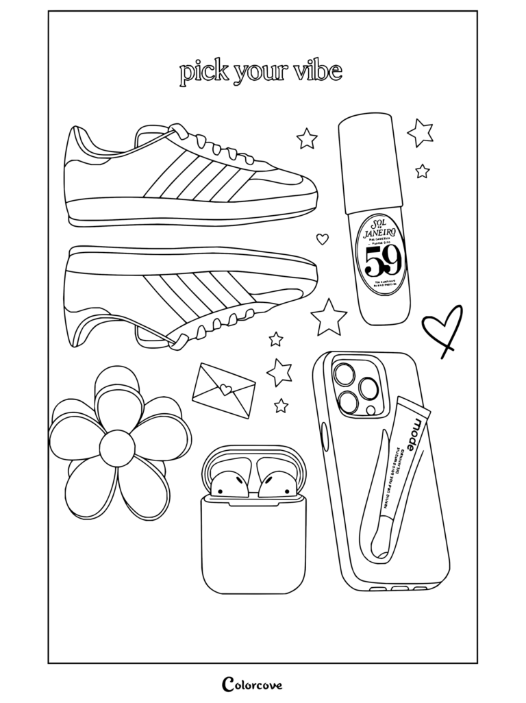 Dibujo para colorear de Estética Preppy con un panel de inspiración en rosa y azul con zapatillas, perfume, AirPods, funda de móvil y una flor.