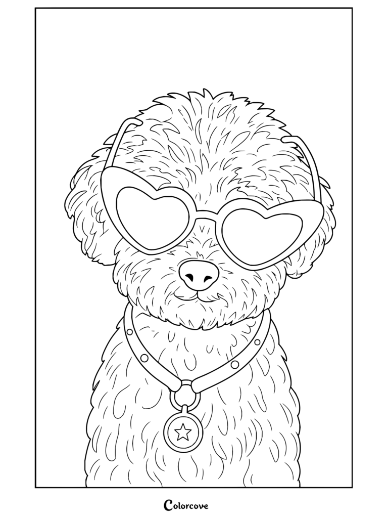 Dibujo para colorear de estética preppy con un lindo caniche marrón que lleva gafas de sol rosas en forma de corazón y collar con placa de estrella sobre un fondo rosa.