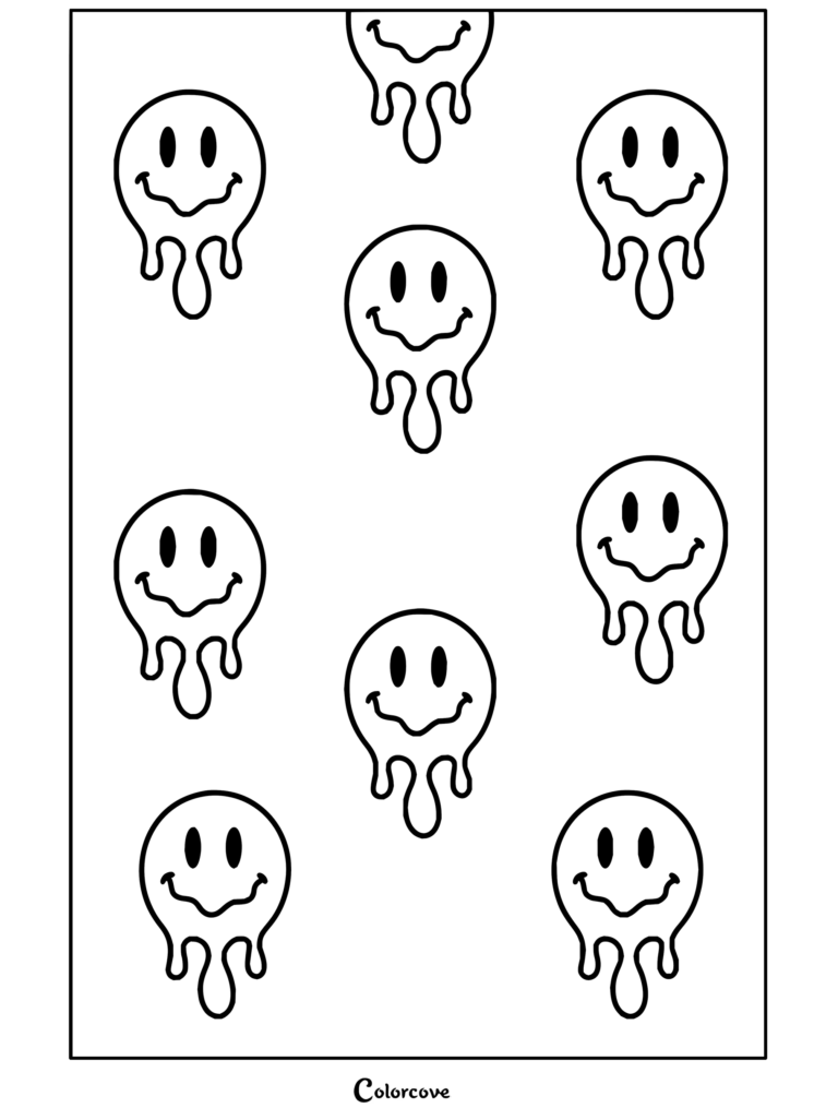 Dibujo para colorear de estética preppy con un fondo rosa de caritas sonrientes amarillas derritiéndose.