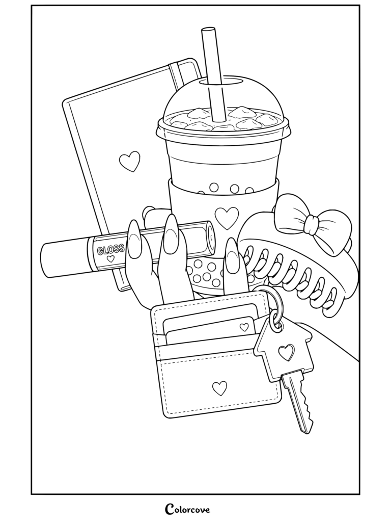 Un dibujo para colorear de estética preppy que muestra una mano sosteniendo un bubble tea, brillo labial, libreta, tarjetero y pinza para el pelo.