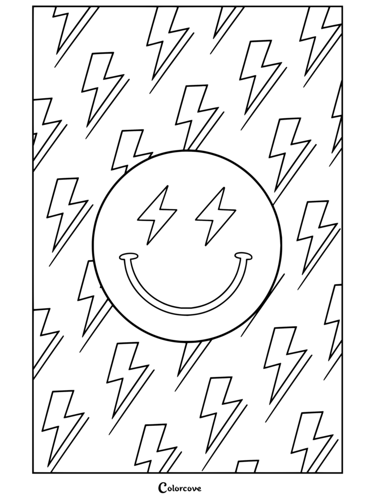 Dibujo para colorear de Estética Preppy con una carita sonriente rosa con ojos de rayos sobre un fondo con estampado de rayos.
