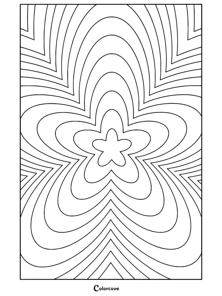 Dibujo para colorear de fondo psicodélico retro de flores pastel de Estética Preppy con formas florales concéntricas e hipnóticas.