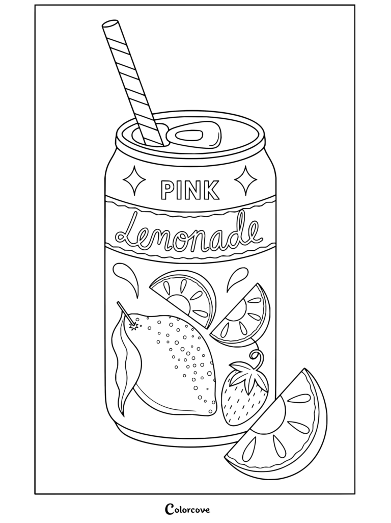 Dibujo para colorear de estética preppy con una lata de refresco de limonada rosa, pajita a rayas, rodajas de limón y una fresa.