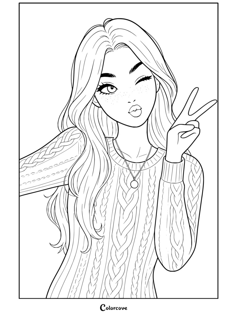 Dibujo para colorear de estética preppy de una chica rubia de pelo largo ondulado, con suéter de ochos y collar, haciendo el signo de la paz y guiñando un ojo.