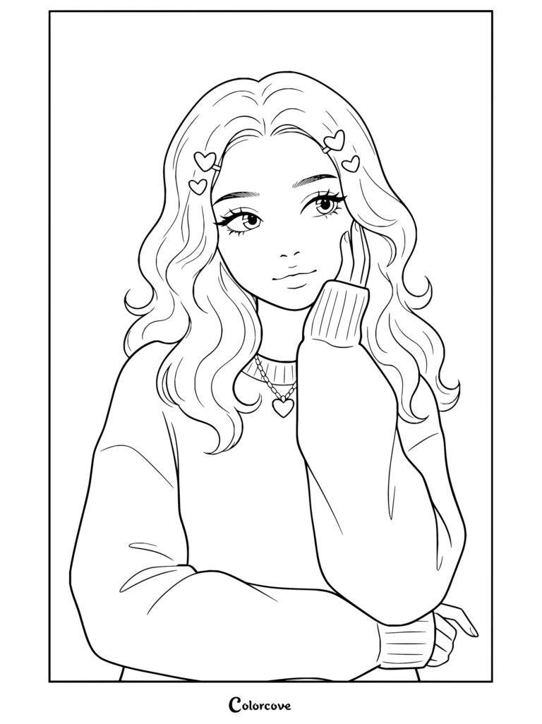 Dibujo para colorear de Estética Preppy de una chica rubia de pelo ondulado con suéter de corazones y horquillas, apoyando la barbilla en la mano.
