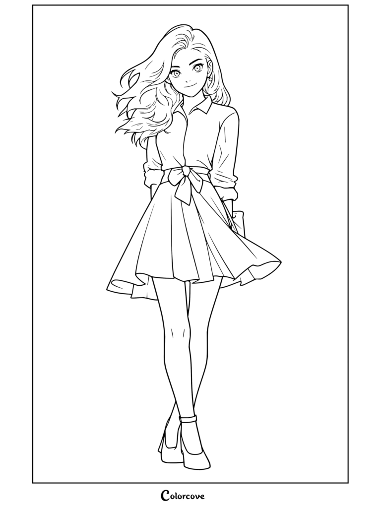 Dibujo para colorear de Estética Preppy con un fondo ilustrado de una chica animada con cabello suelto en movimiento y un atuendo elegante.