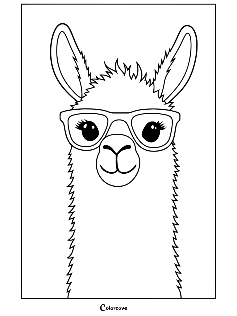 Dibujo para colorear de estética preppy con una linda llama blanca y esponjosa con gafas celestes sobre un fondo rosa.