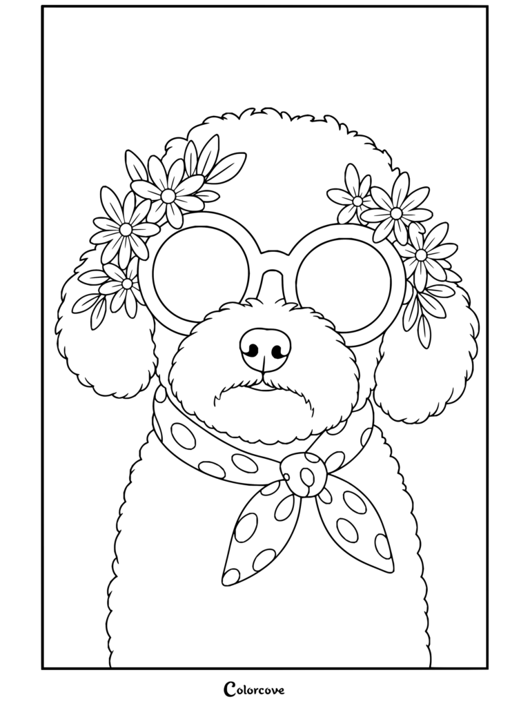 Dibujo para colorear de Estética Preppy con un Caniche blanco con gafas de sol rosas de lunares, una corona de flores y un pañuelo estampado.