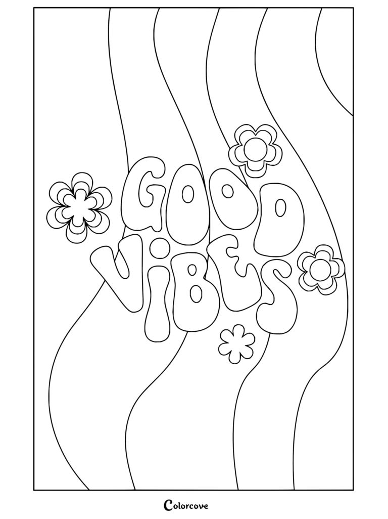 Póster retro groovy de good vibes con rayas onduladas y flores pastel en un dibujo para colorear con elementos de estética preppy.
