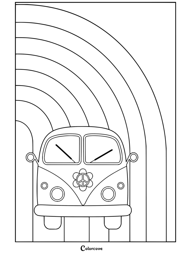 Dibujo para colorear de estética preppy con fondo retro rosa de furgoneta vintage y margaritas.