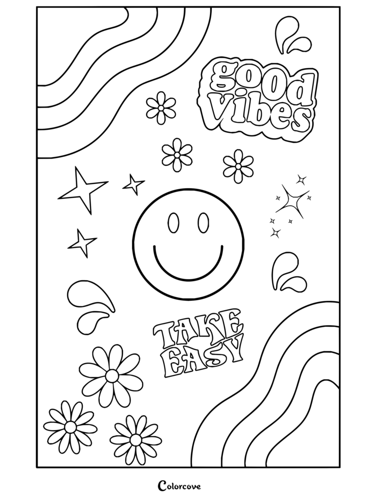 Dibujo para colorear de fondo de pantalla retro de estética preppy con carita sonriente, texto de good vibes, margaritas y ondas pastel.