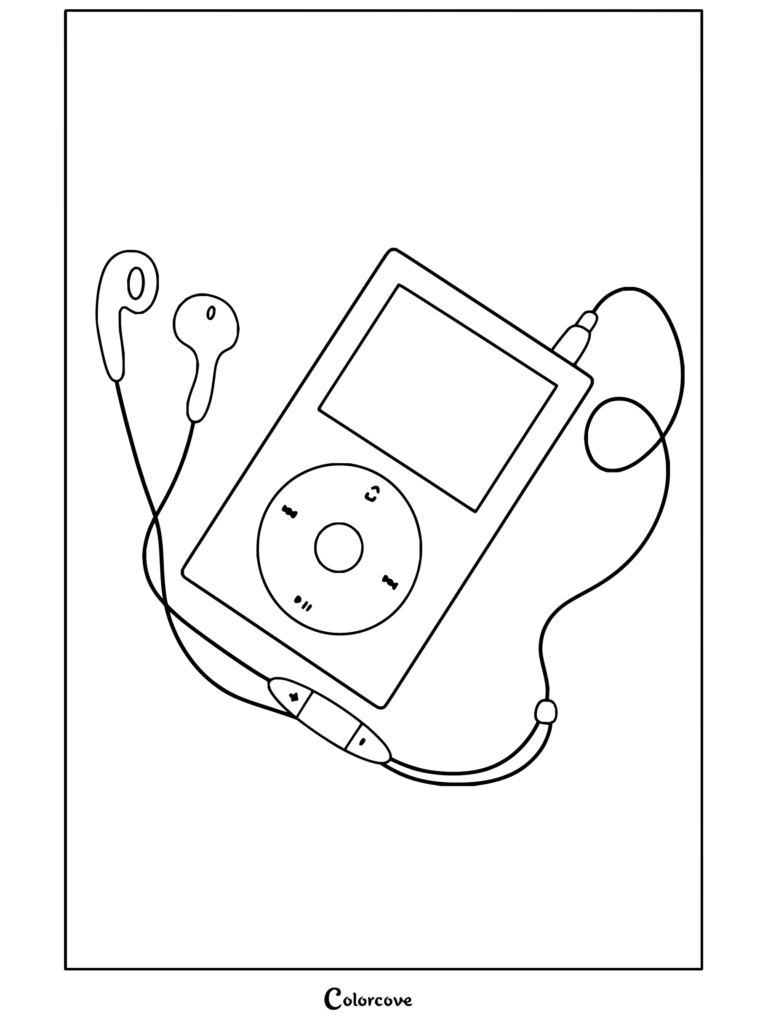 Dibujo para colorear de estética preppy de un iPod nano rojo retro con auriculares y cables rosas sobre un fondo rosa claro.