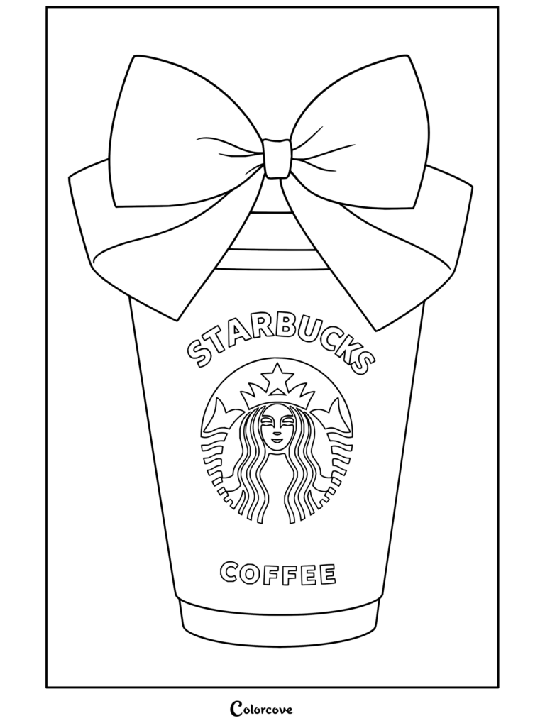 Dibujo para colorear de estética preppy con un vaso rosa de Starbucks y un gran lazo coquette, ideal para fans de los diseños adorables.