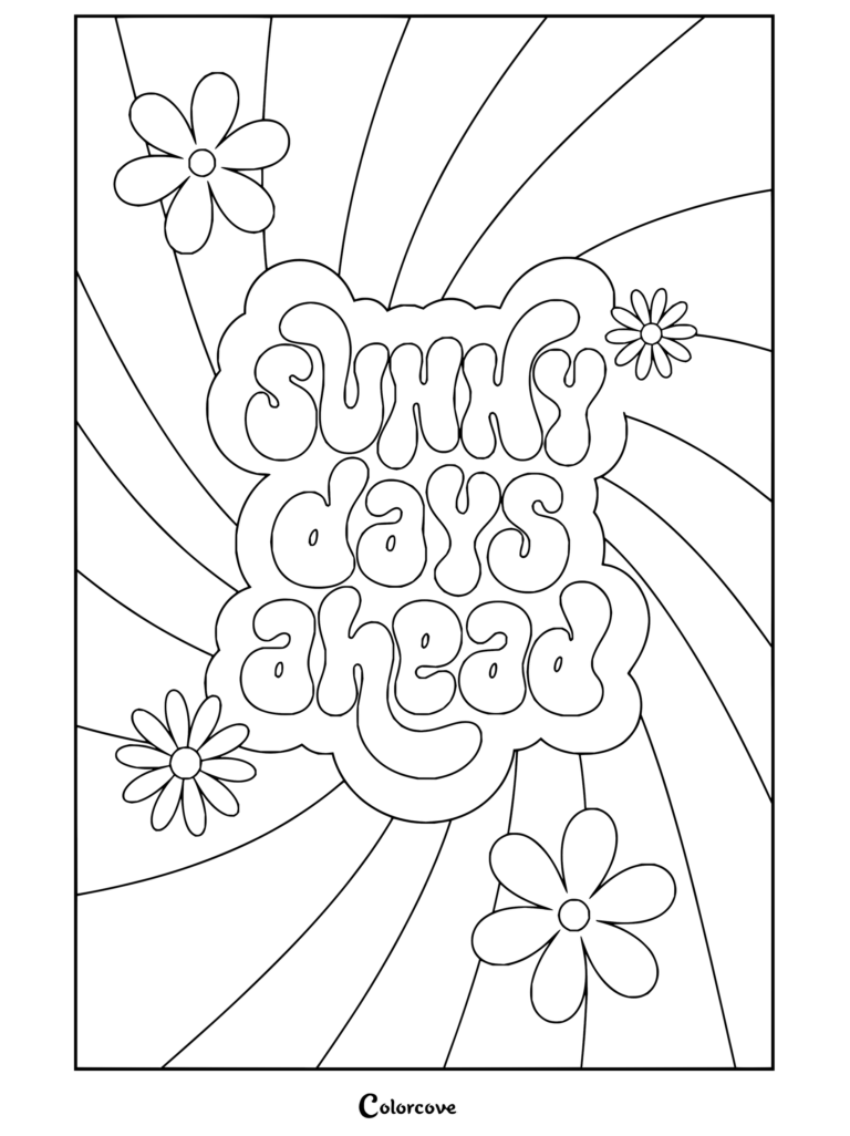 Dibujo para colorear de estética preppy con remolinos retro groovy en rosa y cian, margaritas y tipografía amarilla de sunny days ahead.