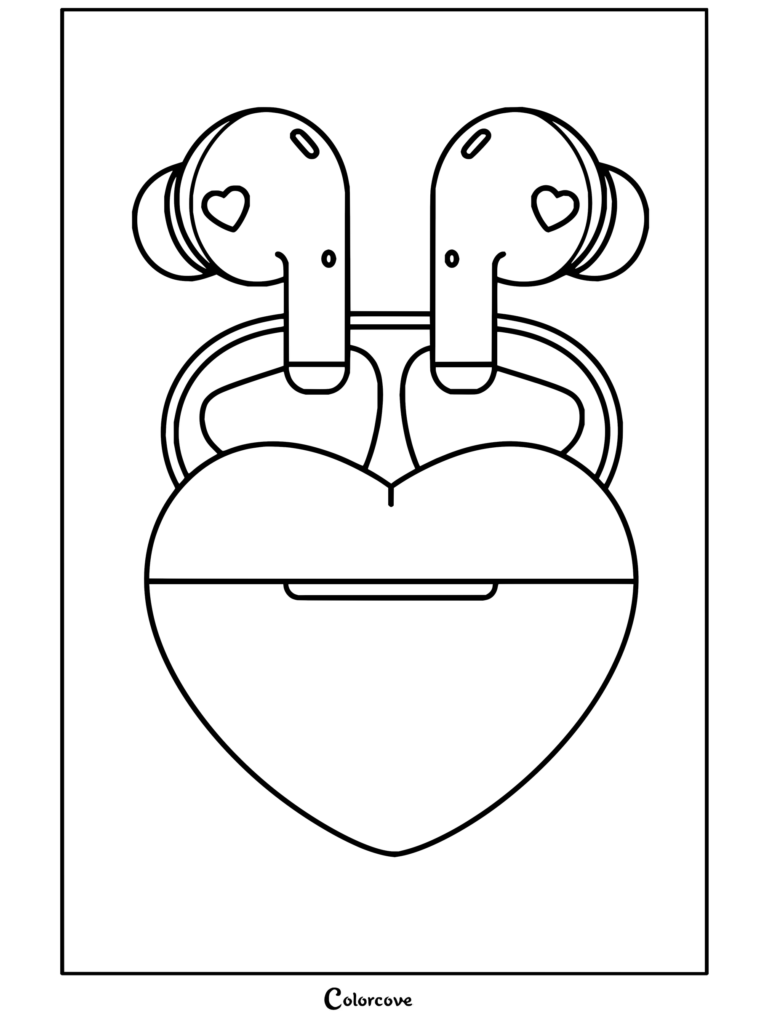 Un dibujo para colorear de estética preppy de un adorable estuche de carga para auriculares inalámbricos rosa con forma de corazón, tapa abierta y auriculares.