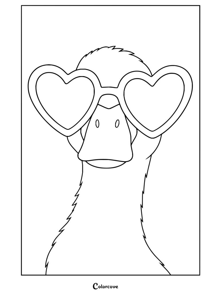 Dibujo para colorear de estética preppy de un adorable pato blanco con gafas de sol rosas en forma de corazón sobre un fondo rosa pastel.