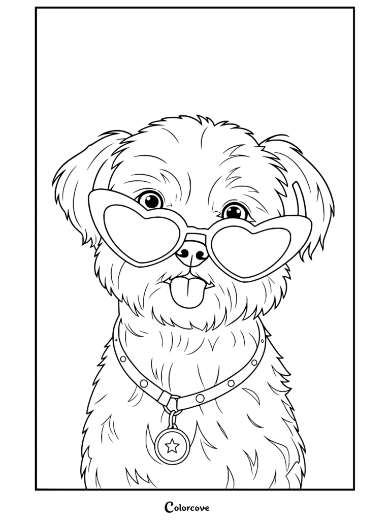 Adorable perro Bichón Maltés blanco con gafas de sol rosas de corazones y collar lavanda con placa de estrella, rodeado de flores rosas en un dibujo para colorear de estética preppy.