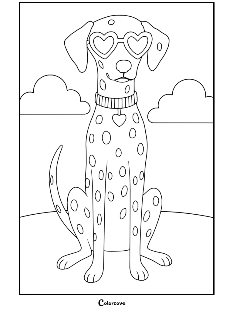 Dibujo para colorear de estética preppy con un perro Dálmata sentado con gafas de sol rosas de corazones y collar sobre un fondo brillante.
