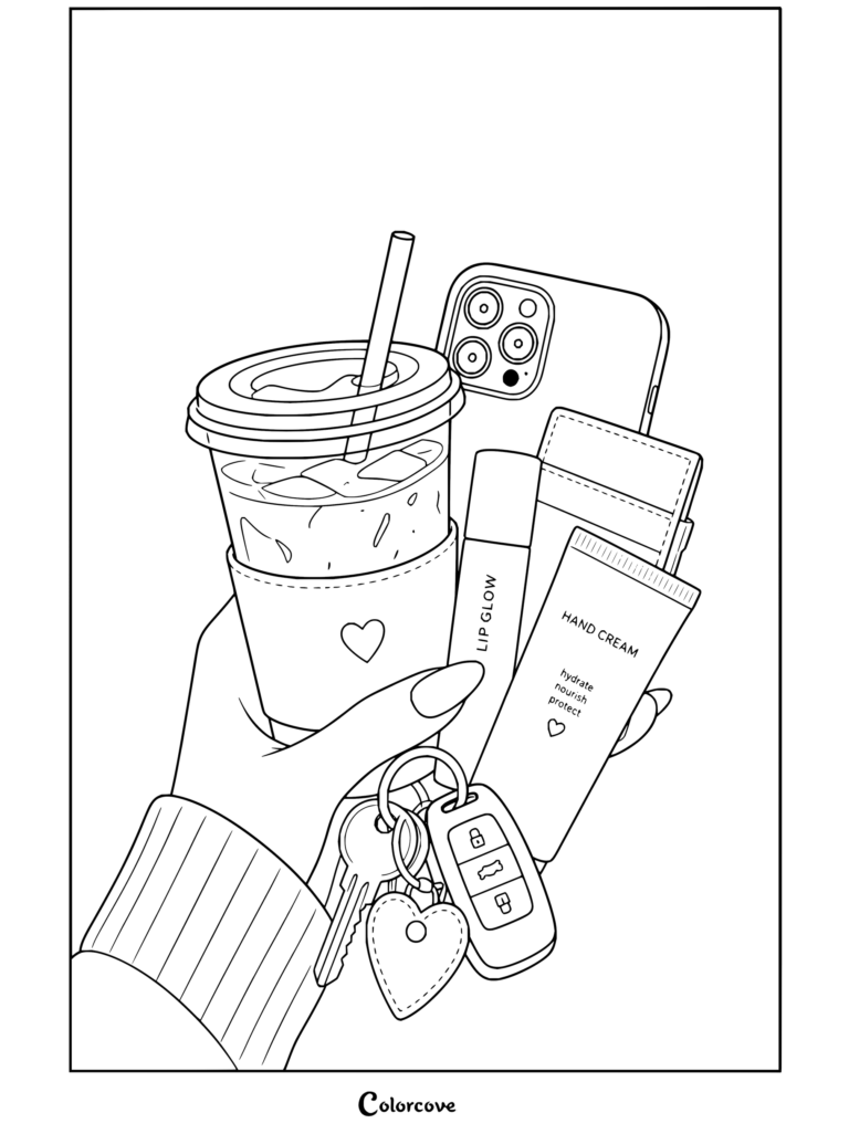 Un dibujo para colorear de estética preppy de una mano sosteniendo un café helado, teléfono, llaves con colgante de corazón, crema de manos, brillo labial y cartera.