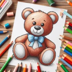 Coloring page of a cute teddy bear with a blue bow, surrounded by colorful pencils on a wooden table.