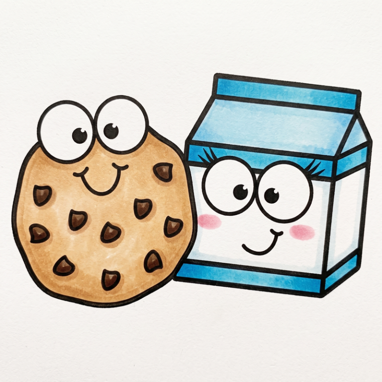 Preschool milk and cookie coloring page illustration