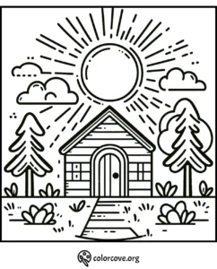 Coloring page of a cozy cabin surrounded by trees, a path, and a bright sun in the sky, perfect for kids and adults.