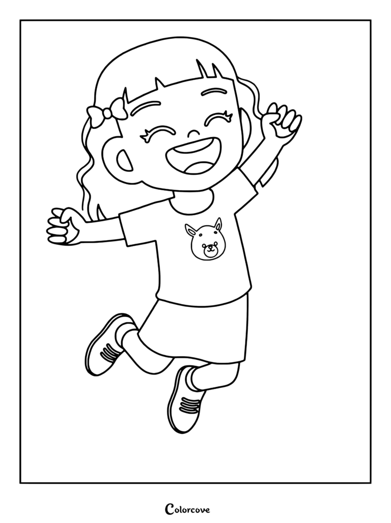 Preschool girl jumping with joy and smiling on a printable coloring page