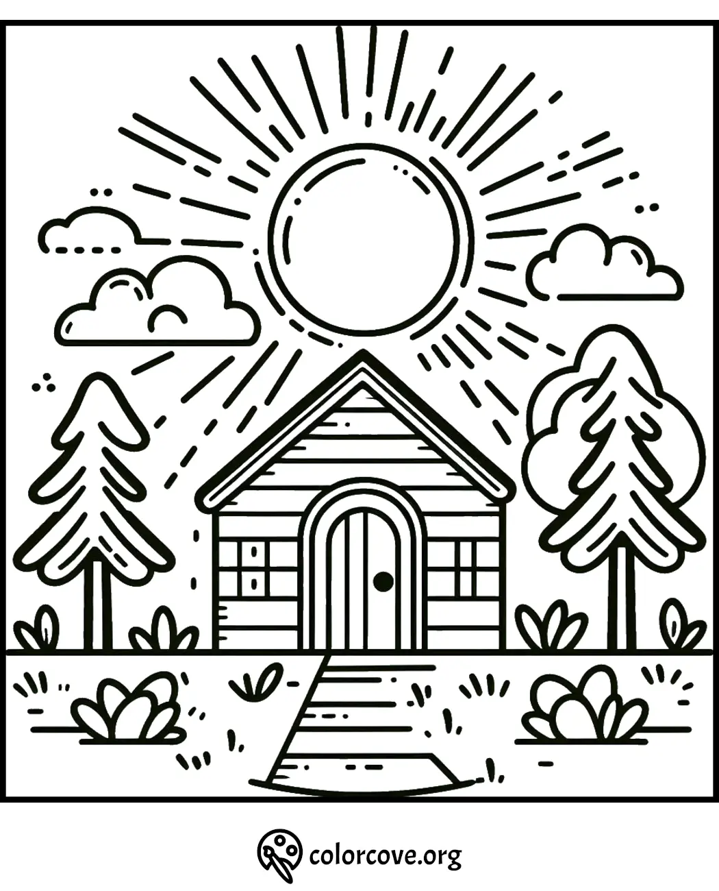 Coloring page of a cozy cabin surrounded by trees, a path, and a bright sun in the sky, perfect for kids and adults.