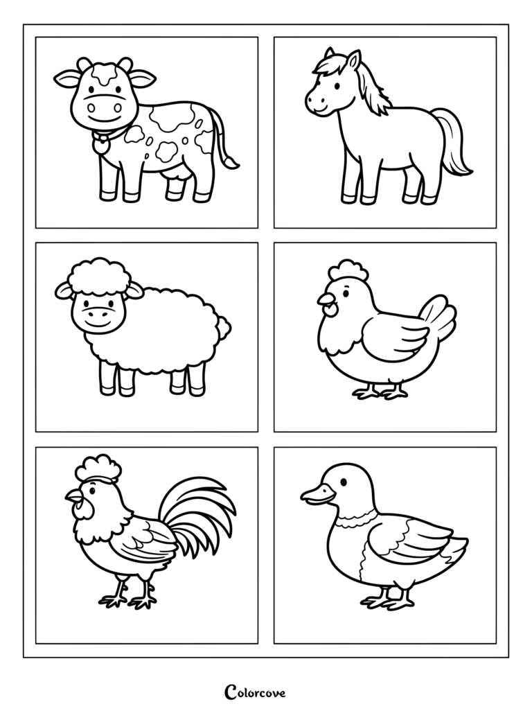 A preschool farm animals coloring page featuring a cow, horse, sheep, hen, rooster, and duck in individual panels