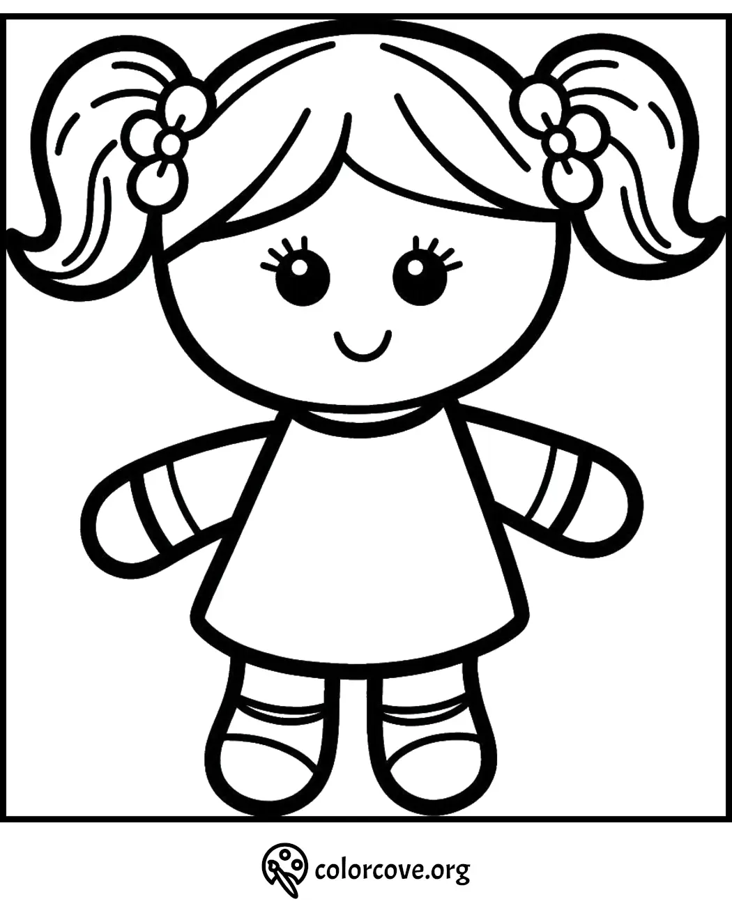 Cute doll coloring page for kids featuring a smiling girl with pigtails, flowers, and a dress. Printable from colorcove.org.