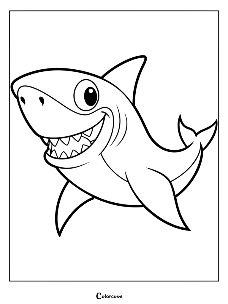 Baby Shark coloring page featuring a smiling shark with sharp teeth