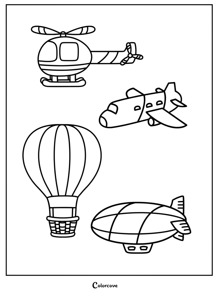 Preschool coloring page featuring an outline of a helicopter, airplane, hot air balloon, and blimp
