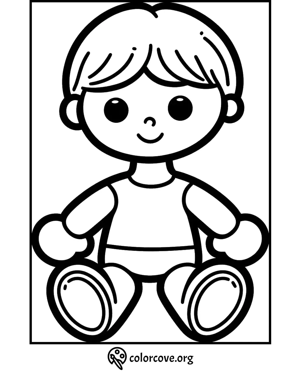 Cute doll coloring page for kids, printable activity with a smiling boy doll, perfect for creative coloring fun.