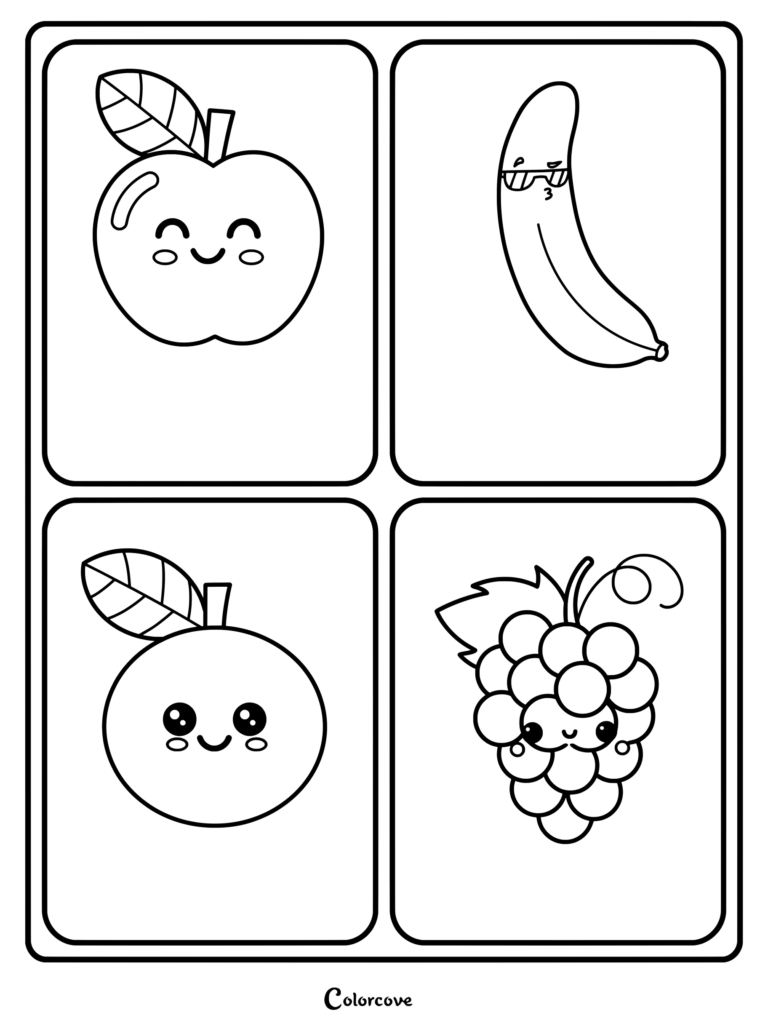 A printable coloring page featuring four cute fruits including an apple, banana with sunglasses, orange, and grapes.