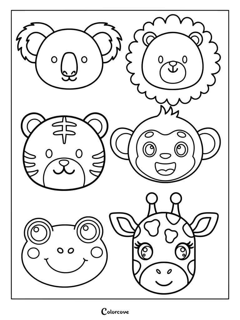 Preschool animal faces coloring page featuring simple line art of a koala, lion, tiger, monkey, frog, and giraffe