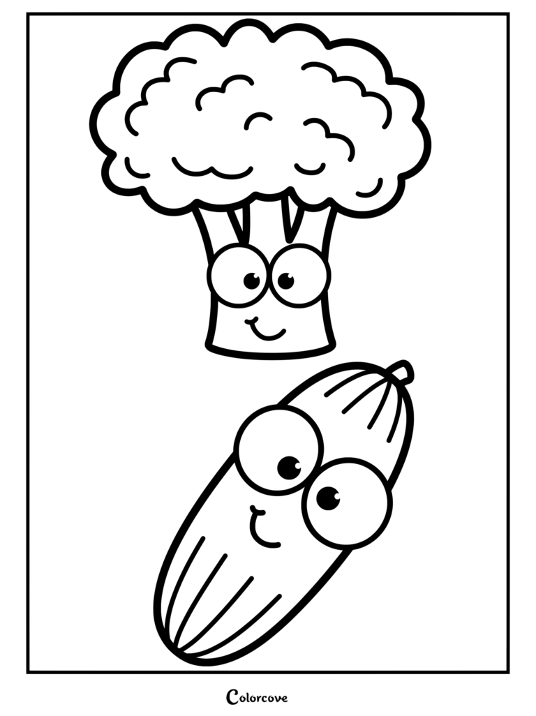 A cute preschool coloring page featuring a smiling broccoli and cucumber with large googly eyes.