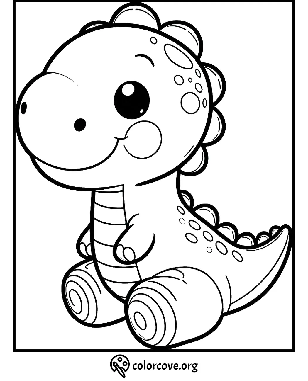 Cute dinosaur coloring page for kids with smiling cartoon dinosaur character. Perfect for children's activity and art projects.