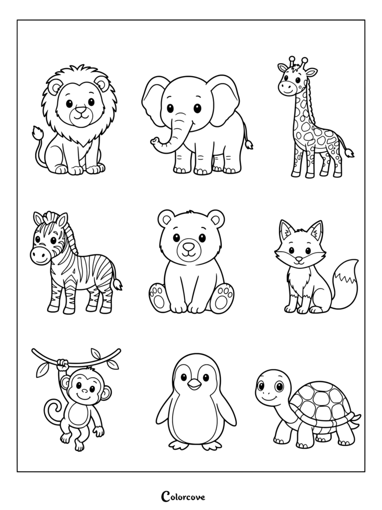 Preschool jungle animals coloring page featuring a lion, elephant, giraffe, zebra, bear, fox, monkey, penguin, and turtle in black and white line art.