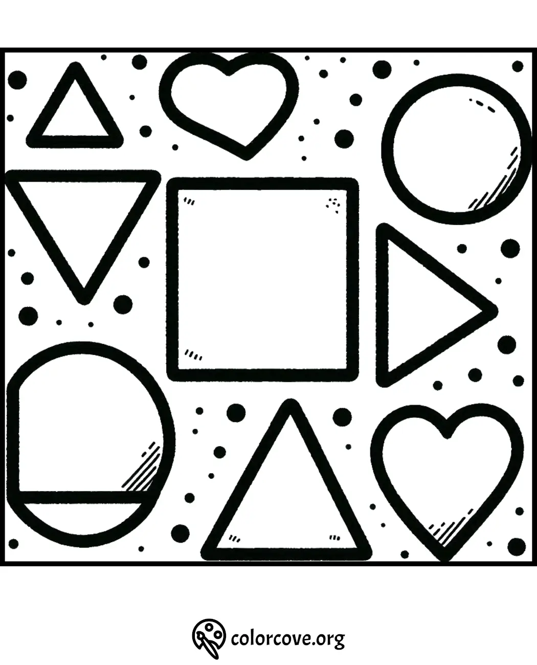 Coloring page with various shapes including triangles, circles, hearts, and a square, ideal for kids' geometric learning.